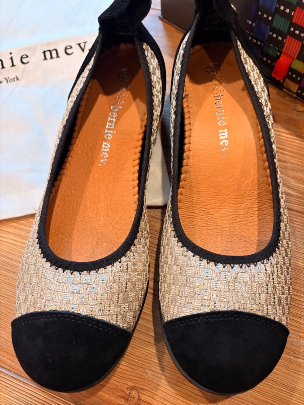 bernie mev. Metallic Gold Woven Ballet Flats with Black Cap Size 39 New in Box